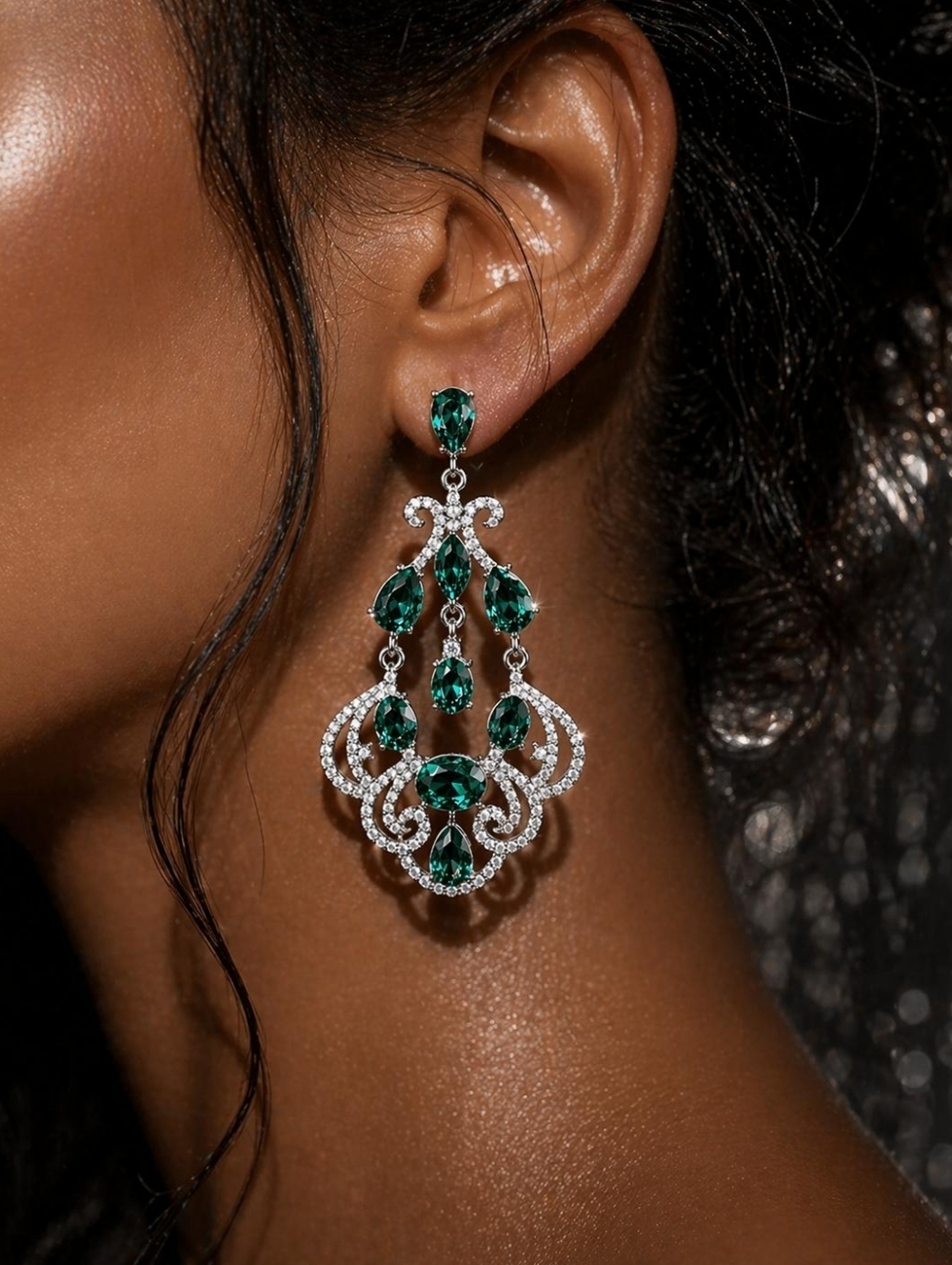 Emerald Green Crystal Chandelier Earrings - Women Jewelry - Picture 4 of 6
